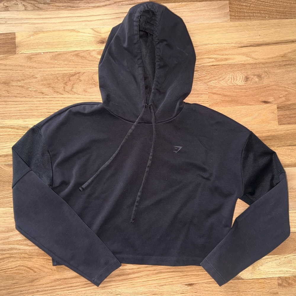 Gymshark Women's Black Long Sleeve  Hoodie Hooded Crop Sweatshirt Top Size M